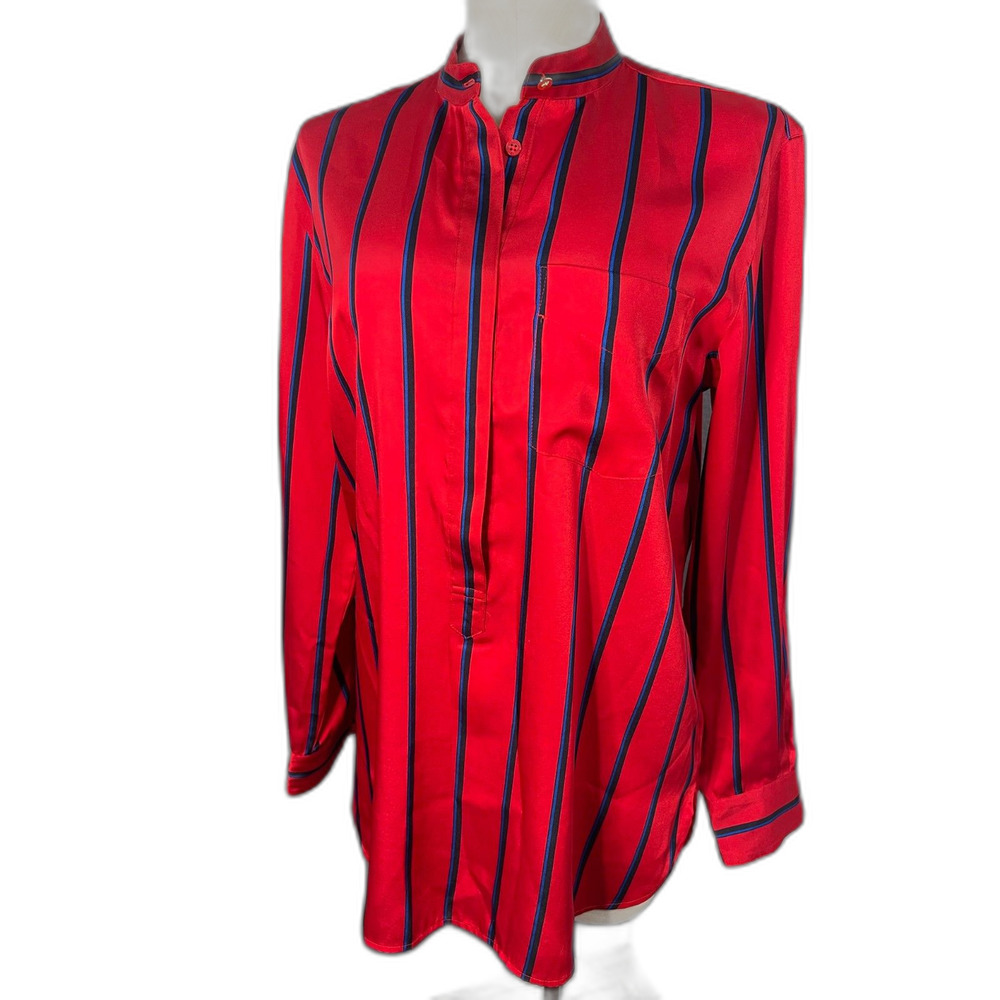 LRL Lauren Ralph Lauren Red Blue Luxury Popover Blouse Medium Top Preppy Career